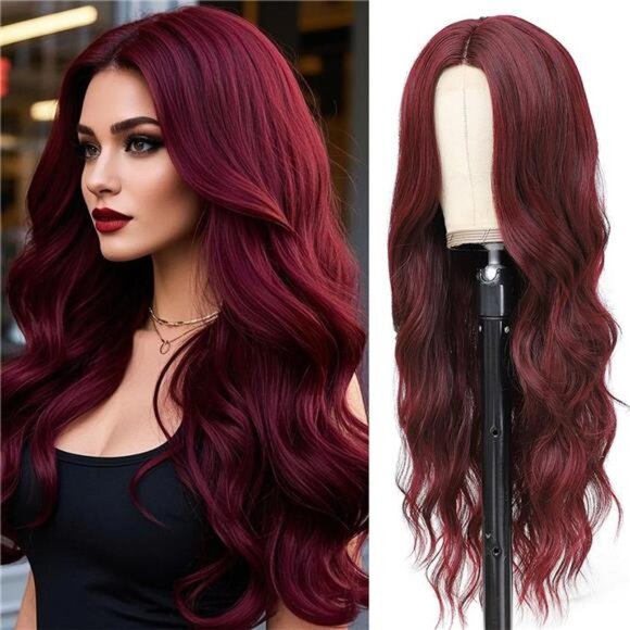 Long Wavy Middle Part Wine Red Wig Natural Looking Heat - Picture 1 of 7